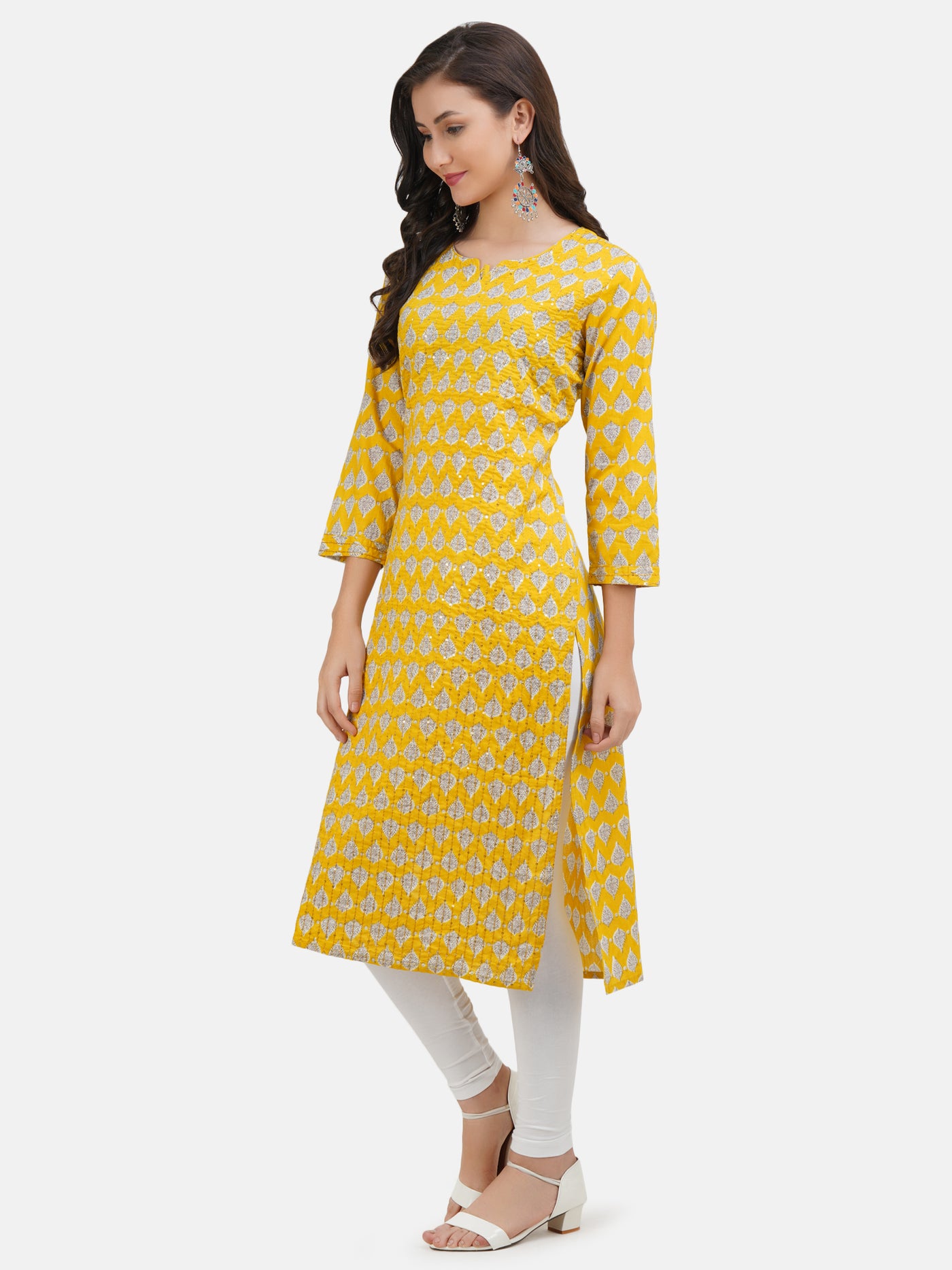 Women's Yellow Cotton Printed Thread worked Straight Kurta