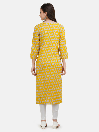 Women's Yellow Cotton Printed Thread worked Straight Kurta