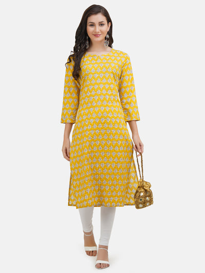 Women's Yellow Cotton Printed Thread worked Straight Kurta