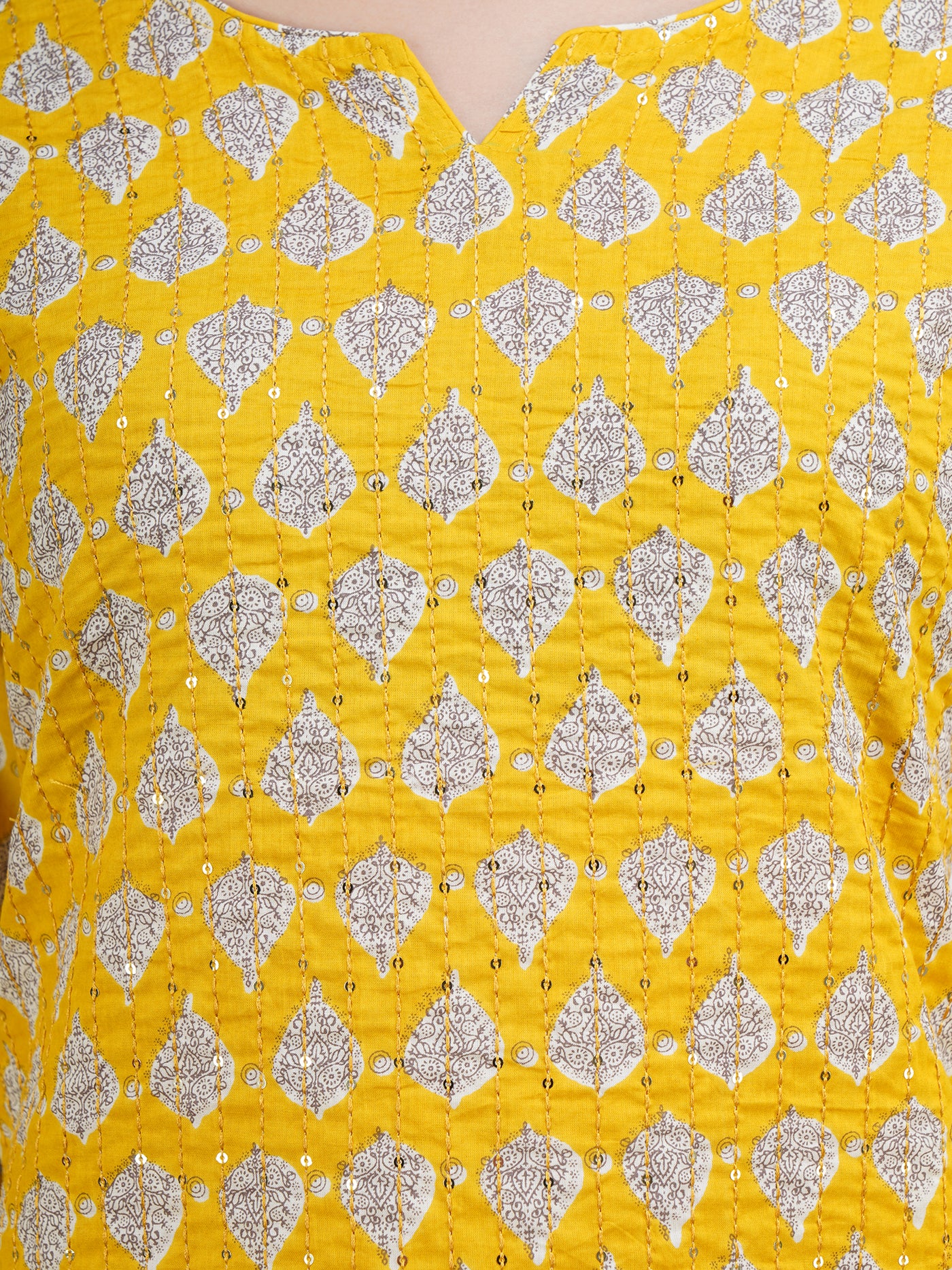 Women's Yellow Cotton Printed Thread worked Straight Kurta