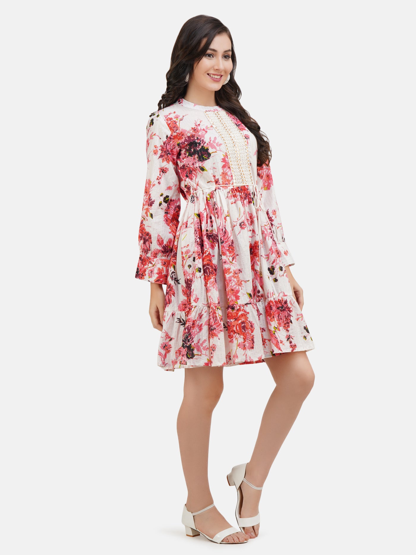 Women's White & Red Floral Printed Embroidered Cotton With Silver Lurex Stripe A- Line Dress