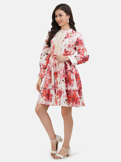 Women's White & Red Floral Printed Embroidered Cotton With Silver Lurex Stripe A- Line Dress