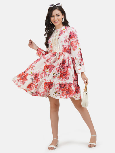 Women's White & Red Floral Printed Embroidered Cotton With Silver Lurex Stripe A- Line Dress