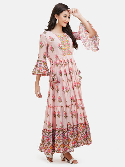 Women's Pink Floral Printed Tiered Anarkali Kurta With Tie -Ups.