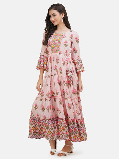 Women's Pink Floral Printed Tiered Anarkali Kurta With Tie -Ups.