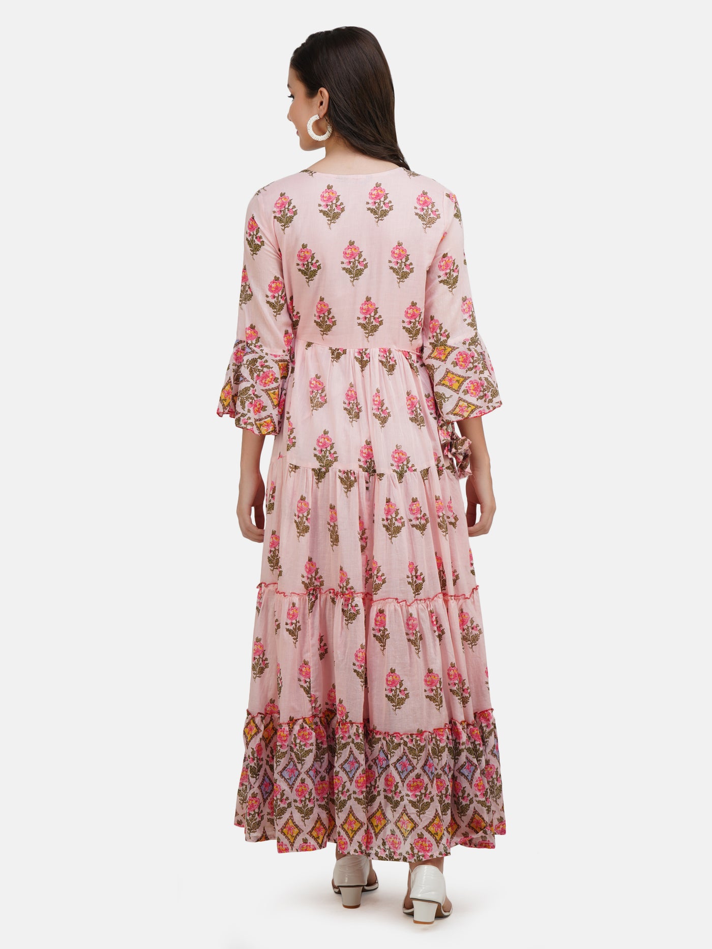 Women's Pink Floral Printed Tiered Anarkali Kurta With Tie -Ups.