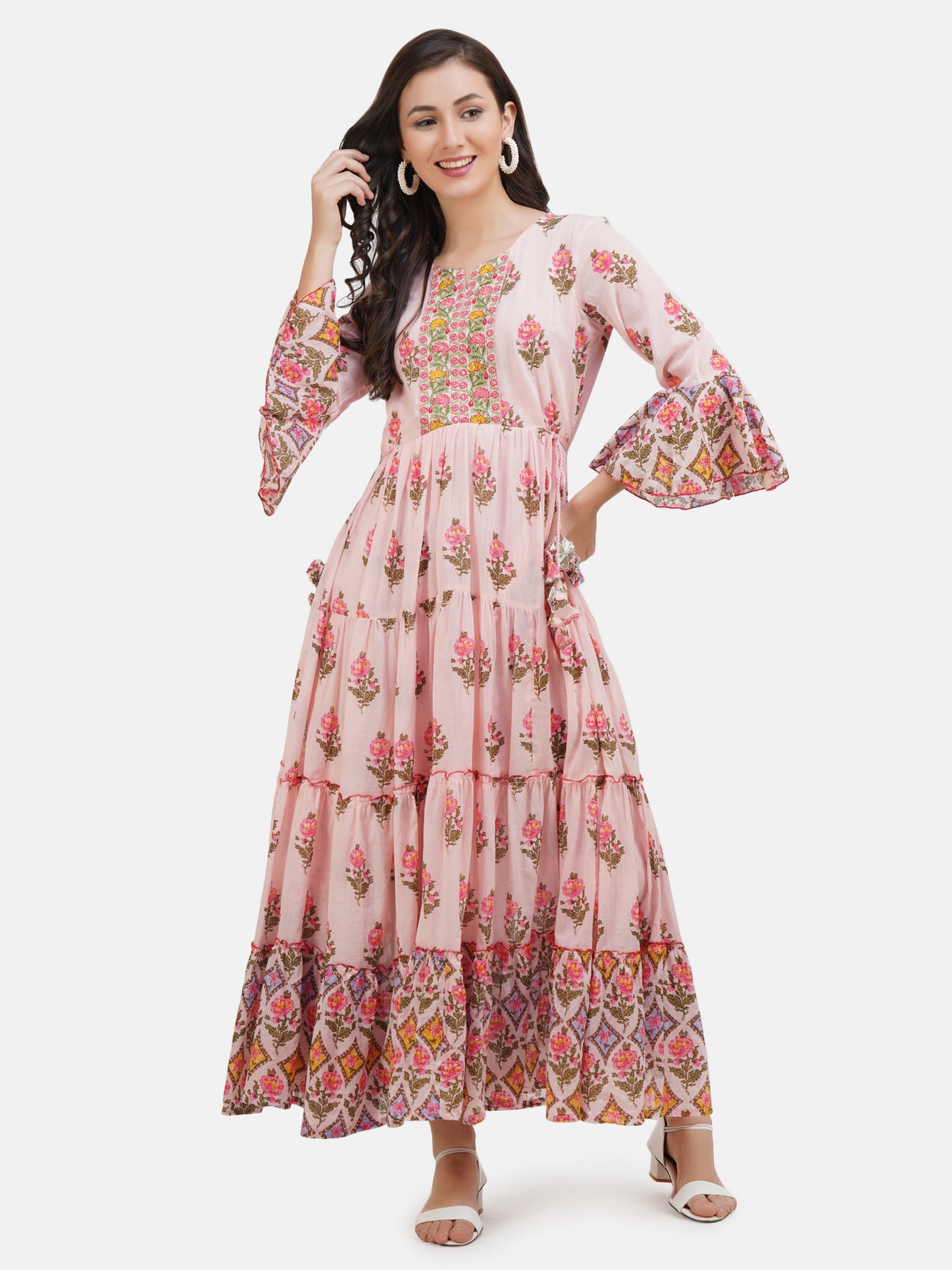 Women's Pink Floral Printed Tiered Anarkali Kurta With Tie -Ups.