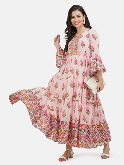 Women's Pink Floral Printed Tiered Anarkali Kurta With Tie -Ups.