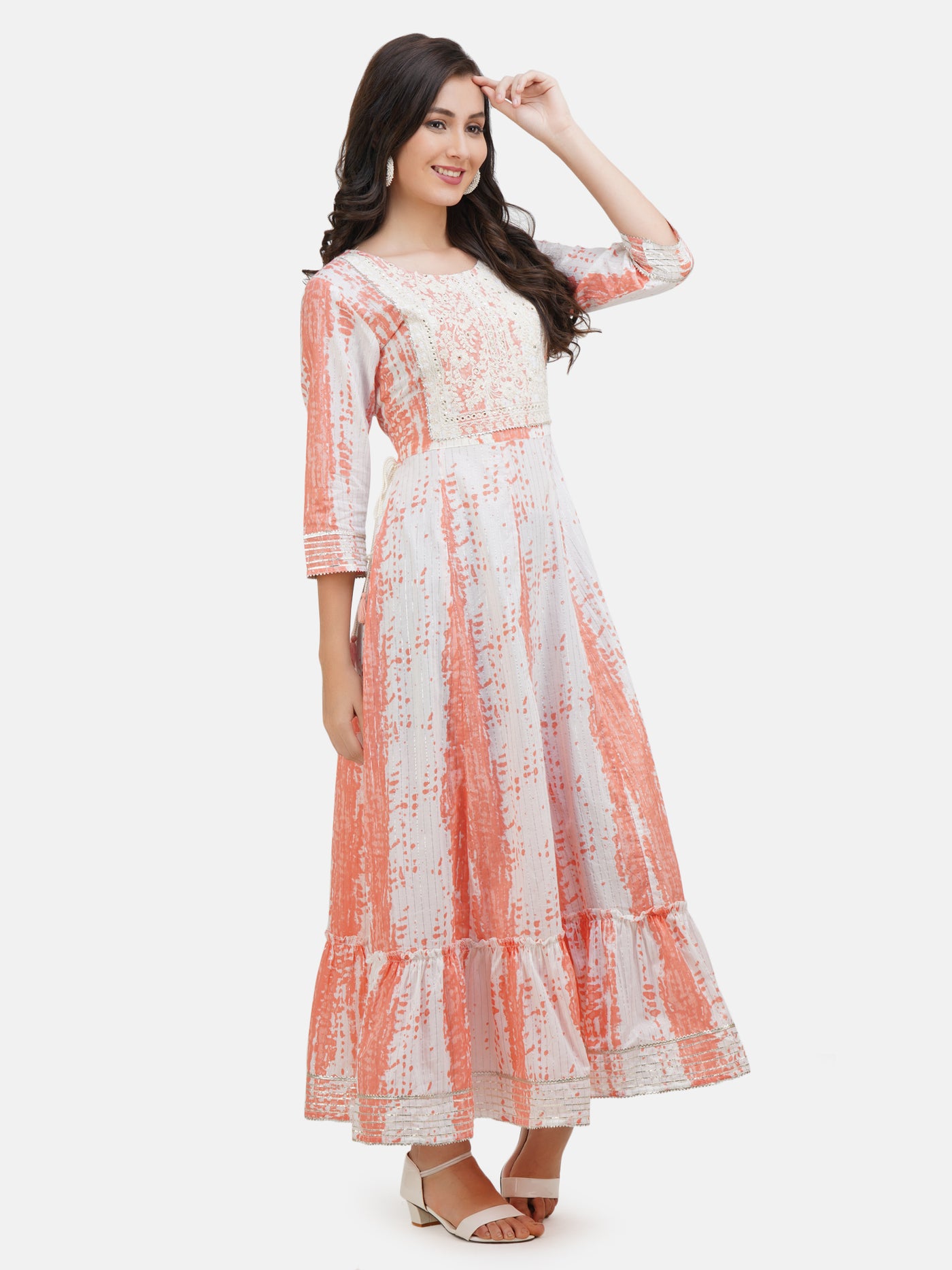 Robe longue en coton tie and dye rose et blanc pour femme | Robe Anarkali