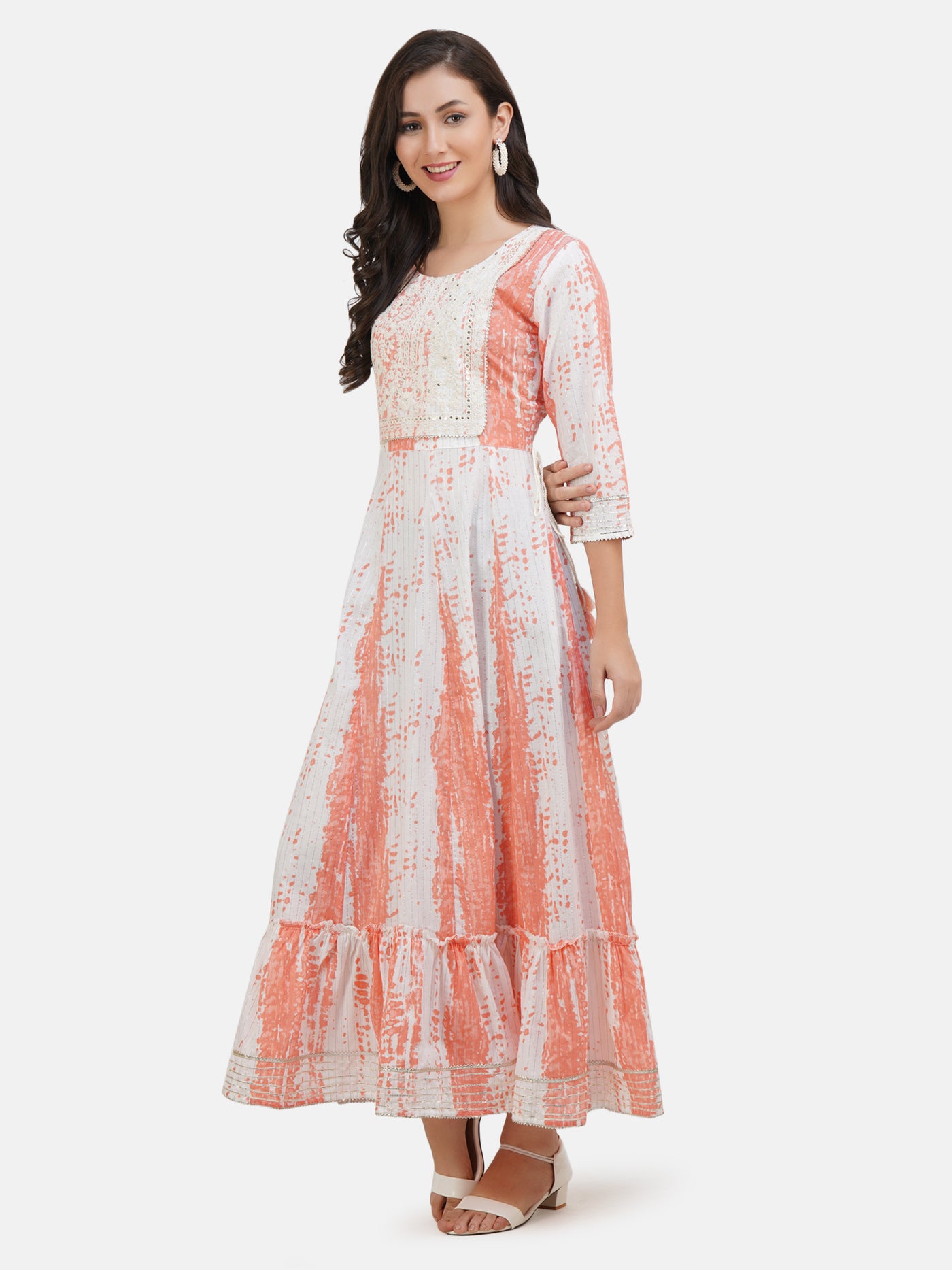 Robe longue en coton tie and dye rose et blanc pour femme | Robe Anarkali