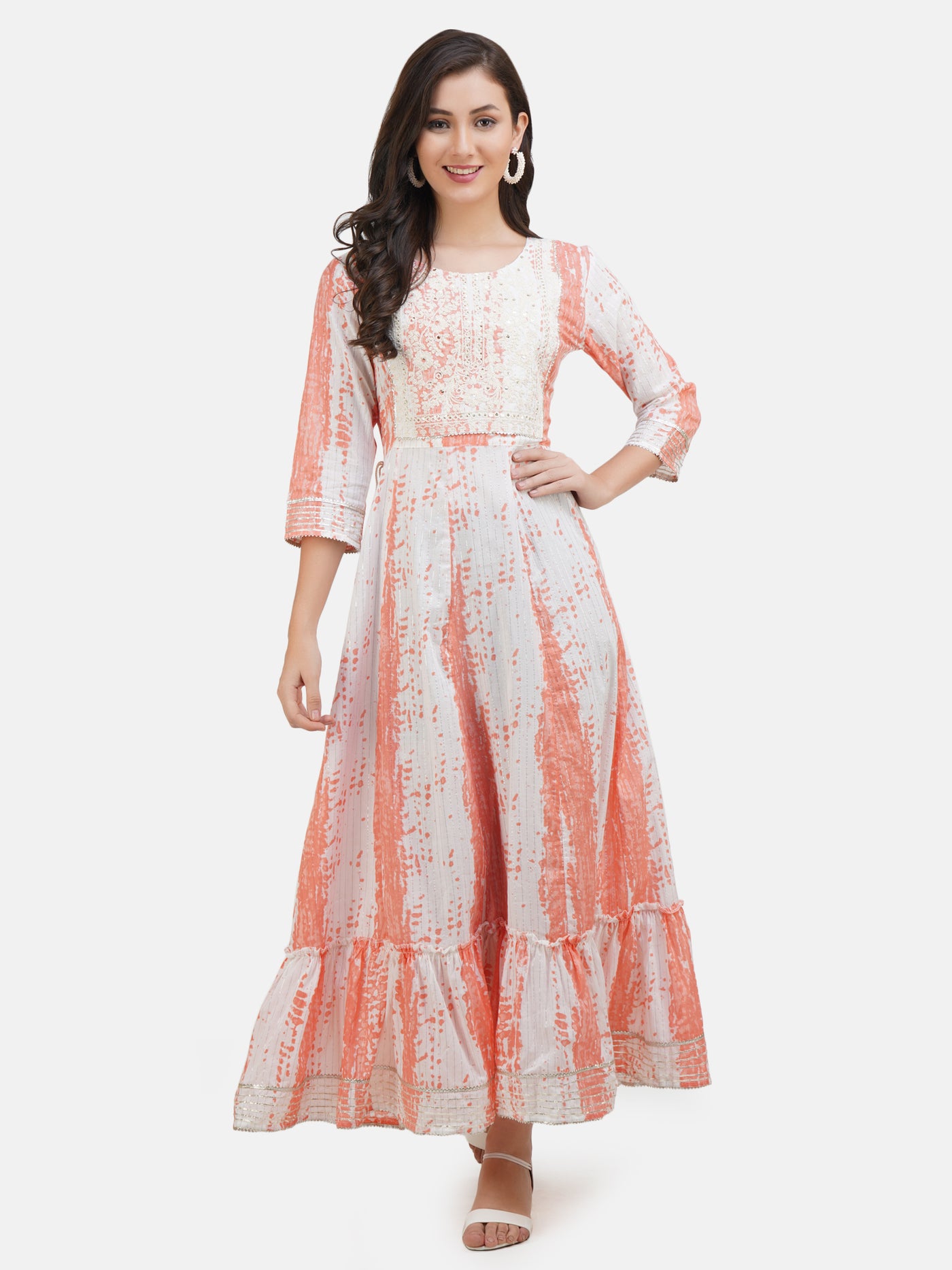 Robe longue en coton tie and dye rose et blanc pour femme | Robe Anarkali