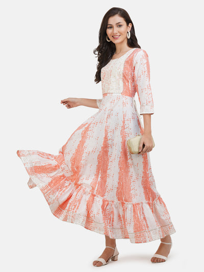 Women's Pink & White Tie and Dye Cotton Maxi Dress | Anarkali Gown