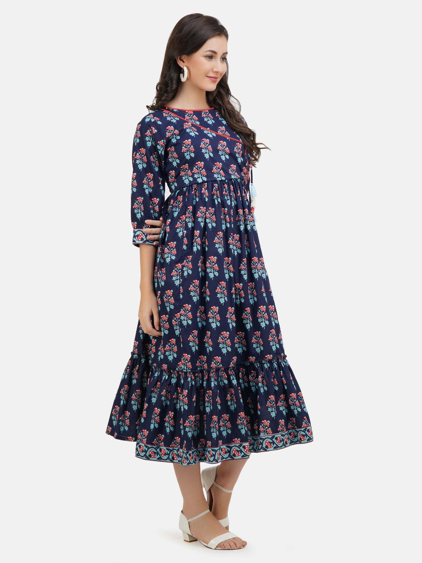 Women's Blue Floral Printed Angarakha A Line Midi Dress