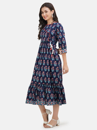 Women's Blue Floral Printed Angarakha A Line Midi Dress