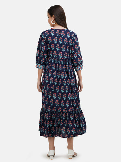 Women's Blue Floral Printed Angarakha A Line Midi Dress