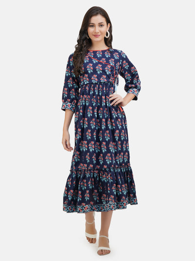 Women's Blue Floral Printed Angarakha A Line Midi Dress