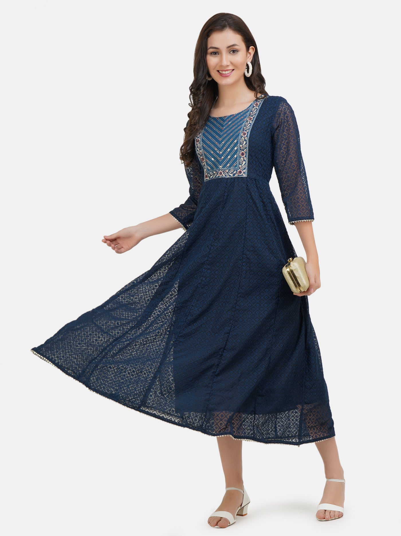 Women's Blue Color All over Chikankari Heavy Embroidered Ethnic Dress