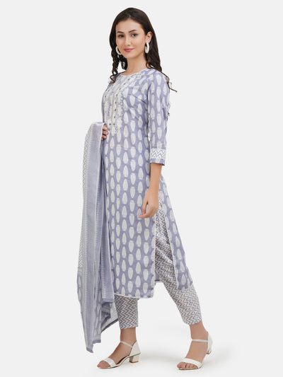 Women's Blue & White Ethnic Motifs Printed Embroidered Cotton Kurta With Trouser & Dupatta