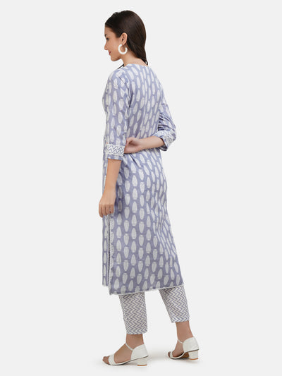 Women's Blue & White Ethnic Motifs Printed Embroidered Cotton Kurta With Trouser & Dupatta