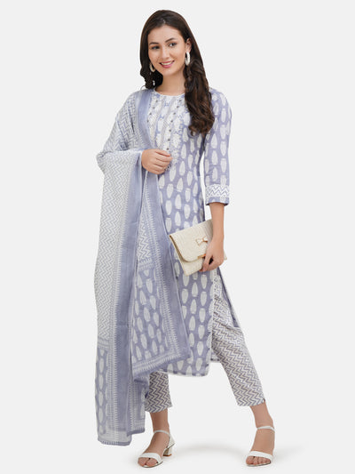 Women's Blue & White Ethnic Motifs Printed Embroidered Cotton Kurta With Trouser & Dupatta