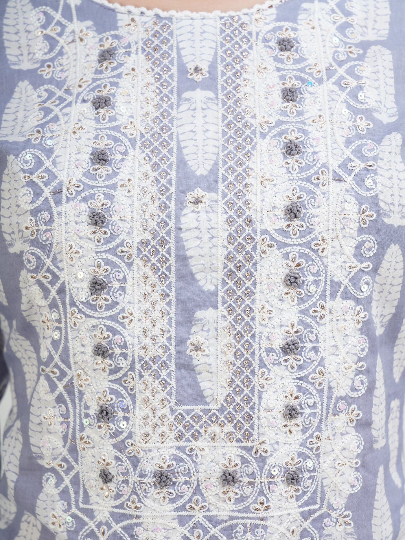 Women's Blue & White Ethnic Motifs Printed Embroidered Cotton Kurta With Trouser & Dupatta