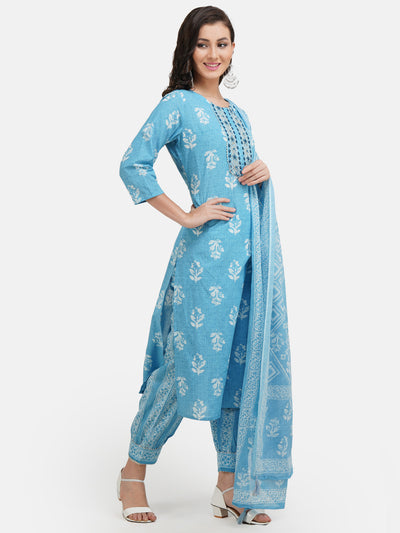 Women's Blue Floral Printed Embroidered Pure Cotton Kurta With Salwar & With Dupatta