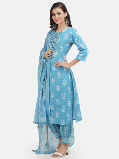 Women's Blue Floral Printed Embroidered Pure Cotton Kurta With Salwar & With Dupatta