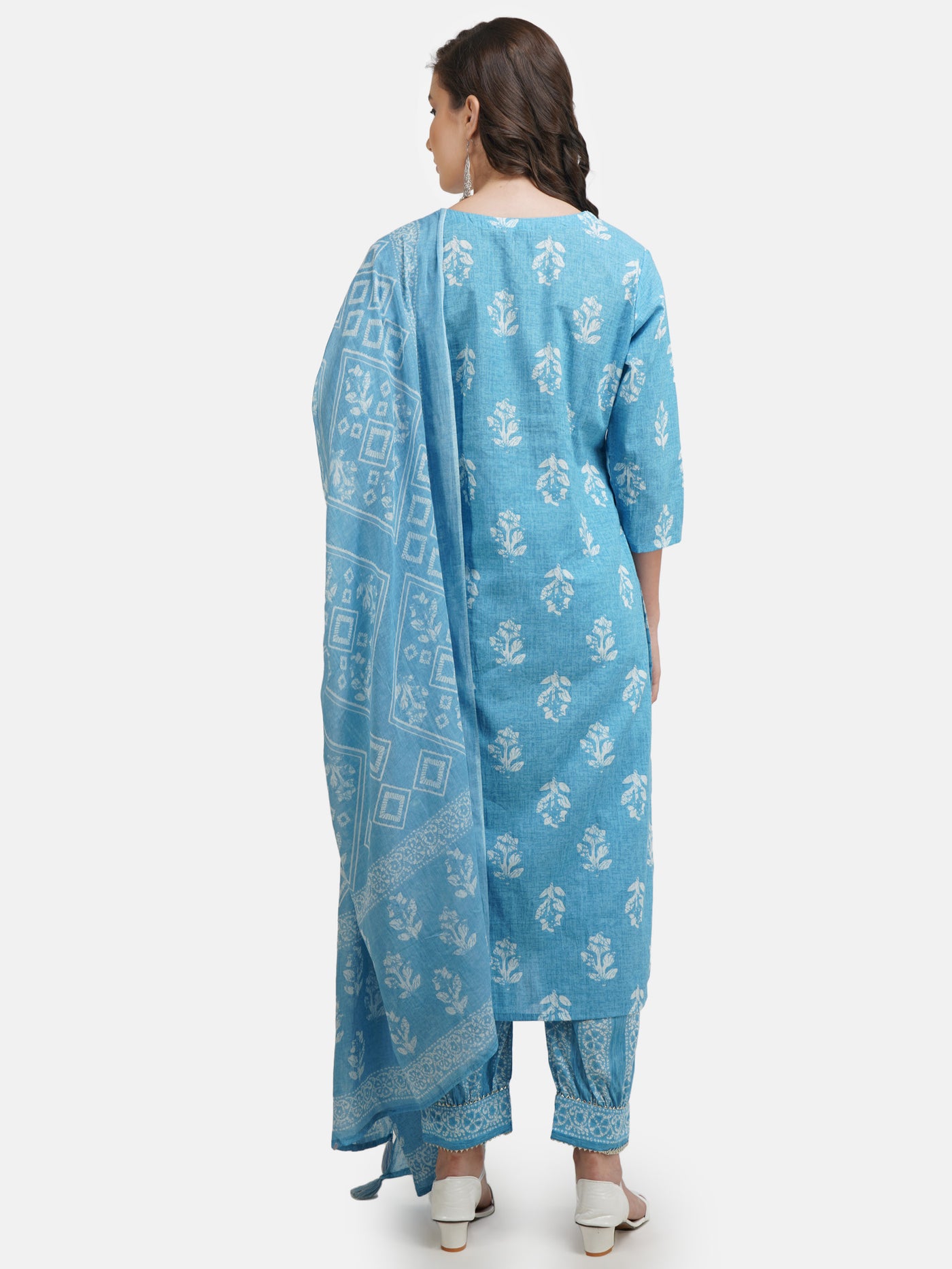 Women's Blue Floral Printed Embroidered Pure Cotton Kurta With Salwar & With Dupatta