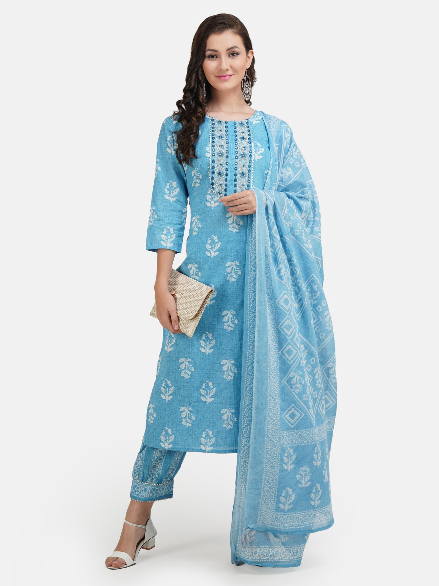 Women's Blue Floral Printed Embroidered Pure Cotton Kurta With Salwar & With Dupatta