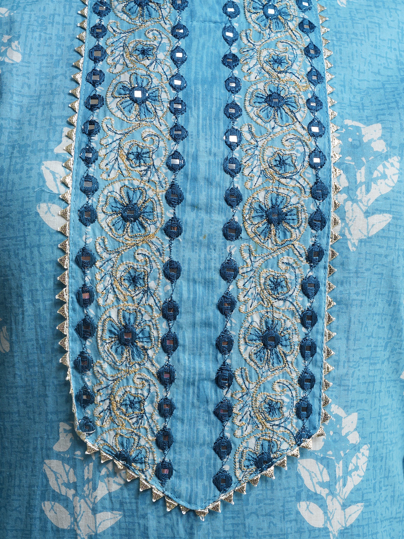 Women's Blue Floral Printed Embroidered Pure Cotton Kurta With Salwar & With Dupatta