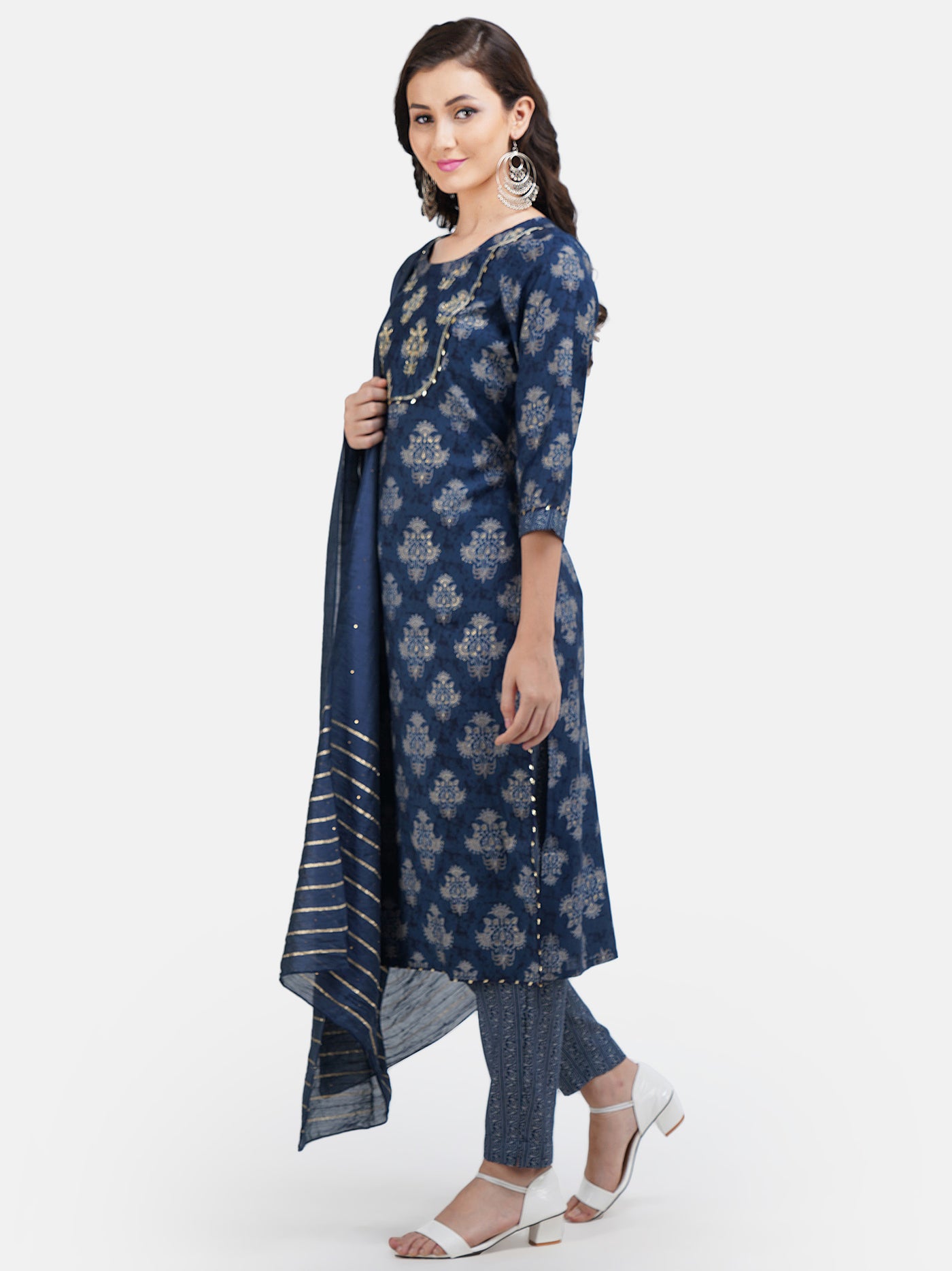 Women's Blue Muslin Silk Kurta  With Trouser & Dupatta