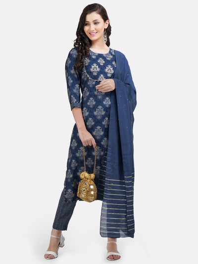 Women's Blue Muslin Silk Kurta  With Trouser & Dupatta