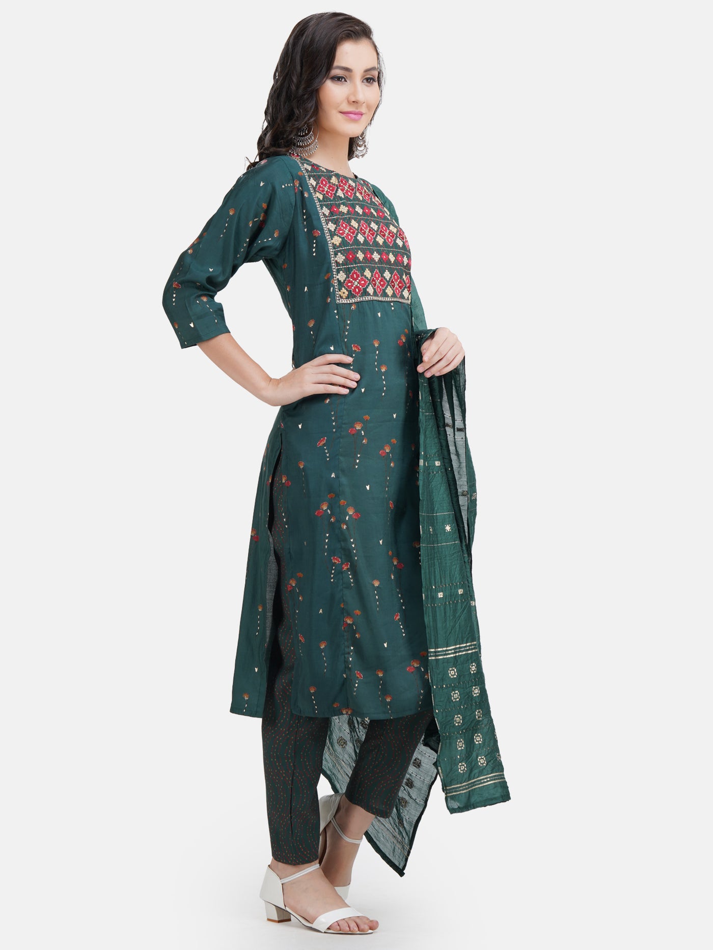 Women's Green Floral Printed Embroidered Kurta With Trouser and Dupatta