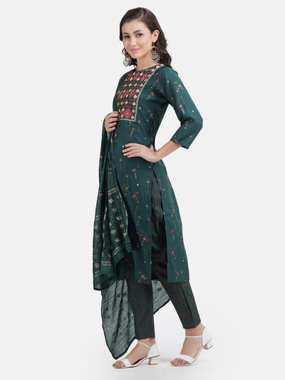 Women's Green Floral Printed Embroidered Kurta With Trouser and Dupatta