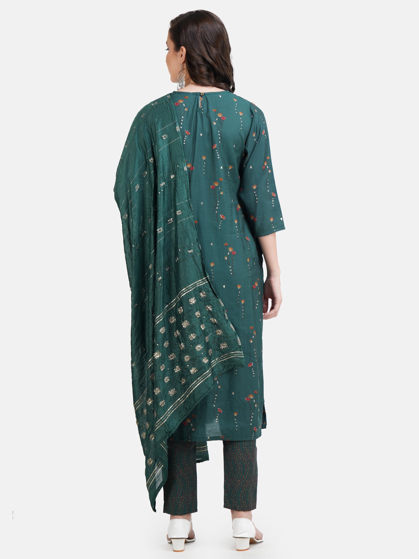 Women's Green Floral Printed Embroidered Kurta With Trouser and Dupatta