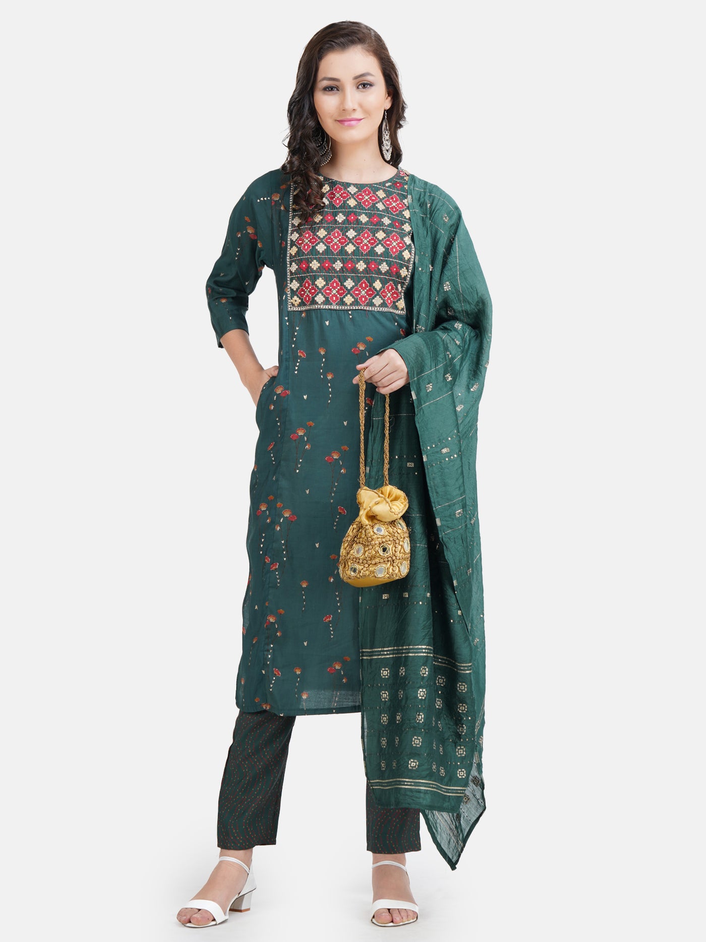 Women's Green Floral Printed Embroidered Kurta With Trouser and Dupatta