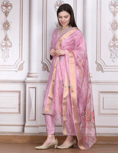 Pink Weaves Women's Peach Embroidered Kurta Pant With Dupatta Set
