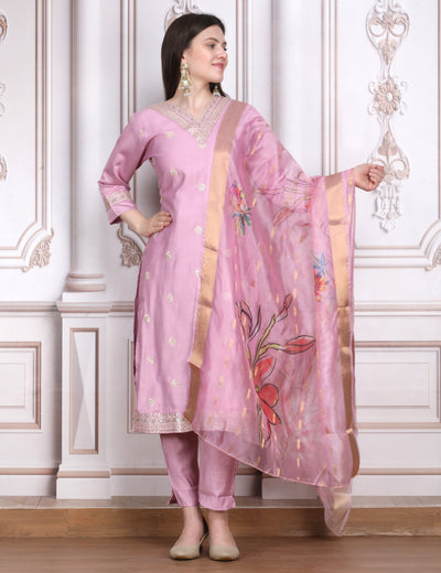 Pink Weaves Women's Peach Embroidered Kurta Pant With Dupatta Set