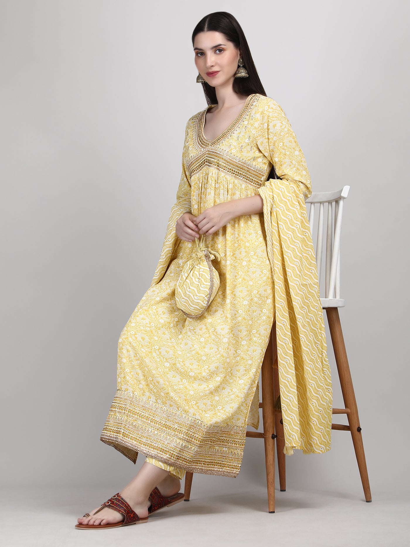 Yellow Alia Cut Embroidered A-Line Kurta Pant and Dupatta with Fancy Potli Set