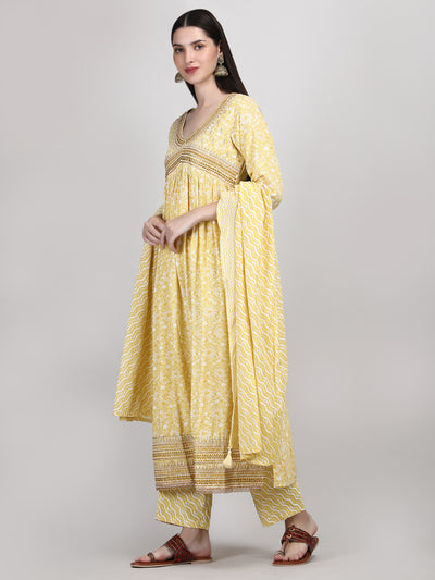 Yellow Alia Cut Embroidered A-Line Kurta Pant and Dupatta with Fancy Potli Set