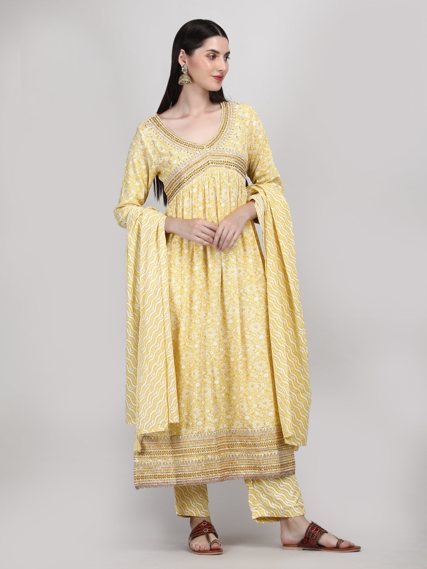 Yellow Alia Cut Embroidered A-Line Kurta Pant and Dupatta with Fancy Potli Set