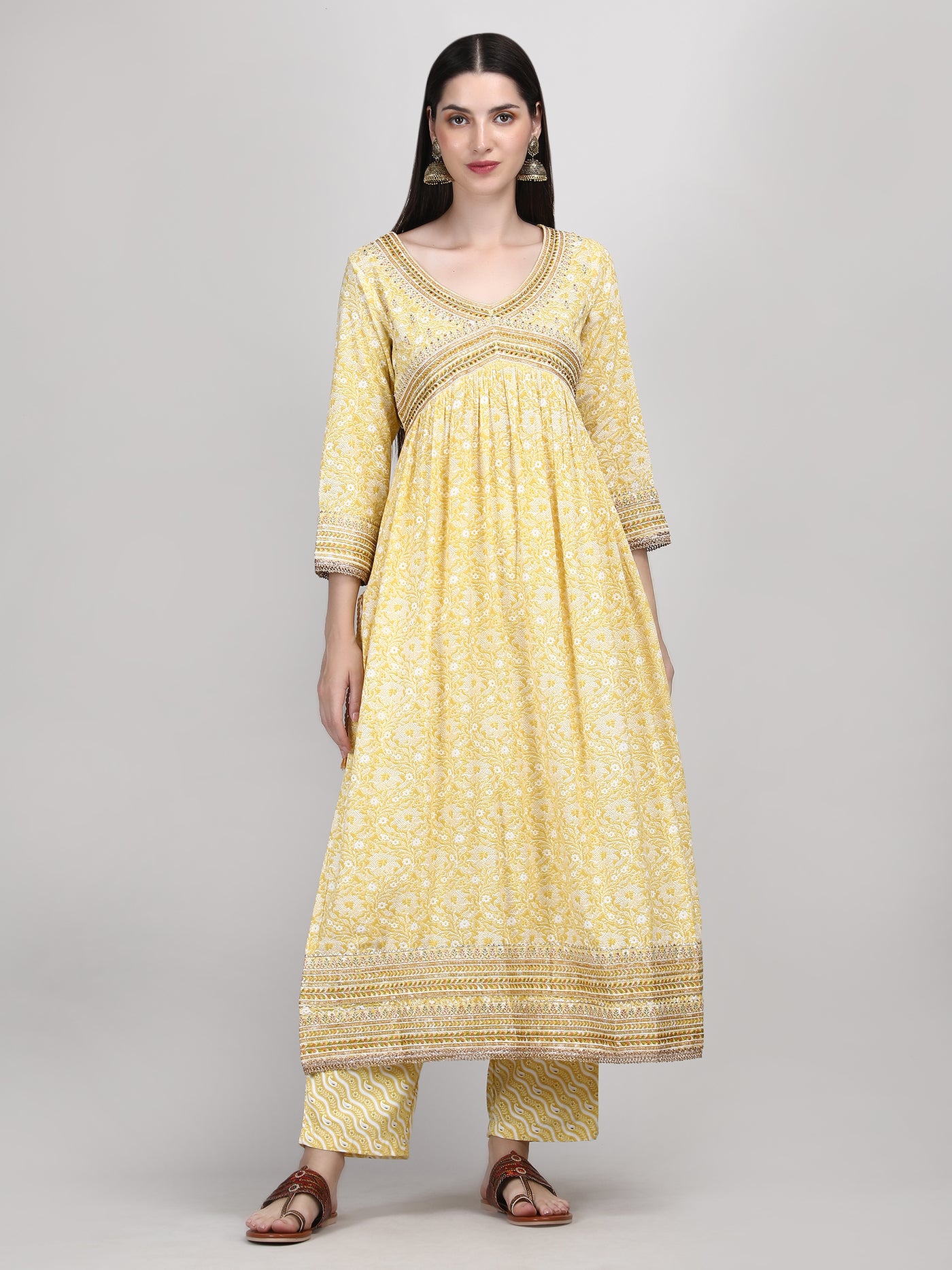 Yellow Alia Cut Embroidered A-Line Kurta Pant and Dupatta with Fancy Potli Set