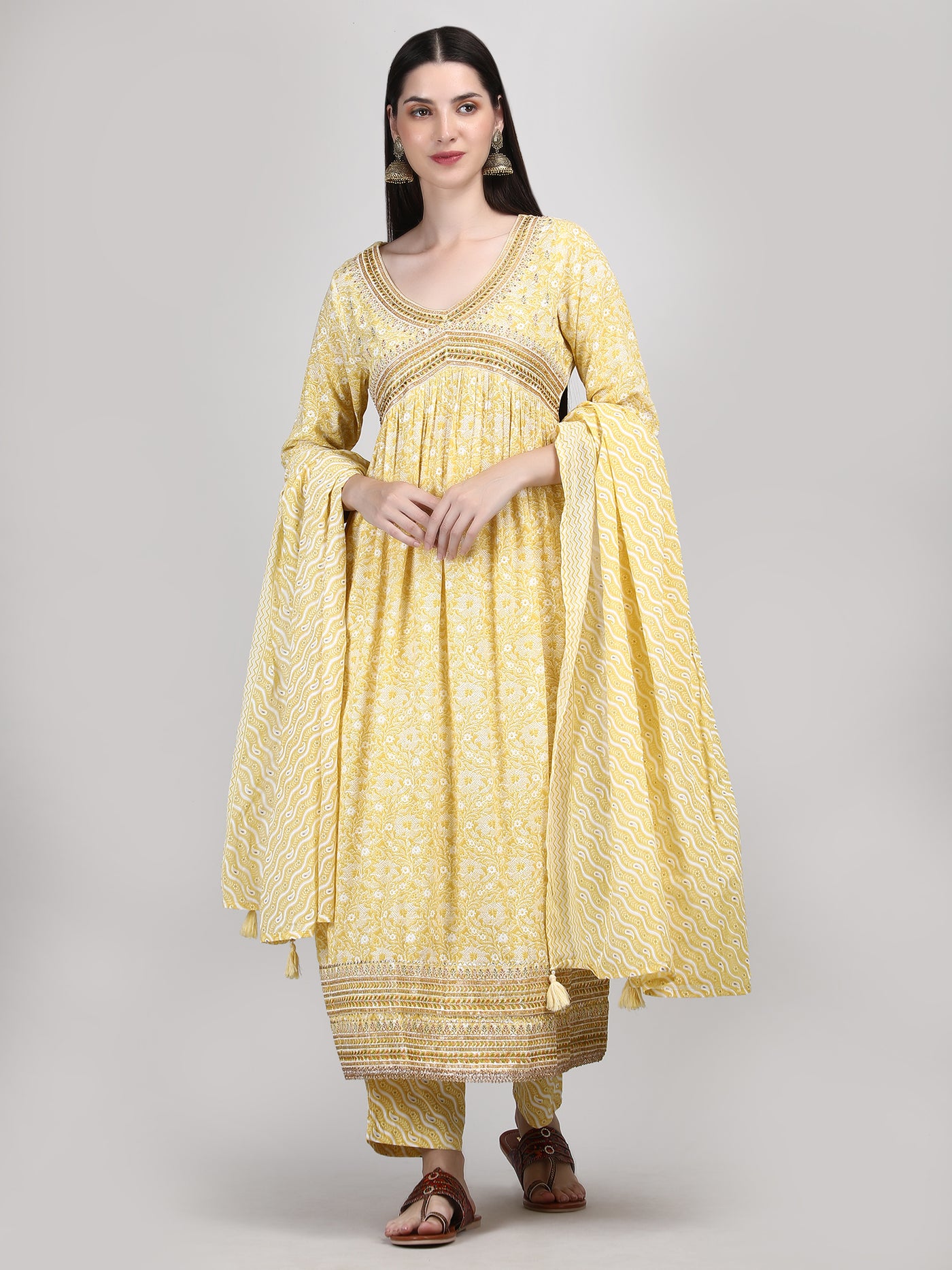 Yellow Alia Cut Embroidered A-Line Kurta Pant and Dupatta with Fancy Potli Set