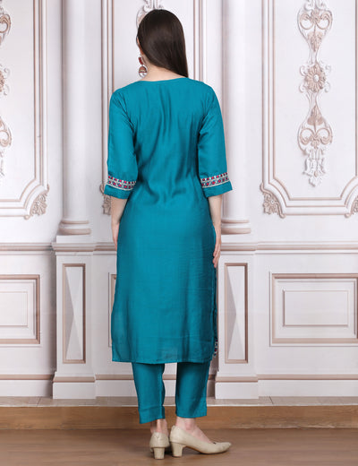 Pink Weaves Women's Blue Embroidered Kurta Pant With Dupatta Set