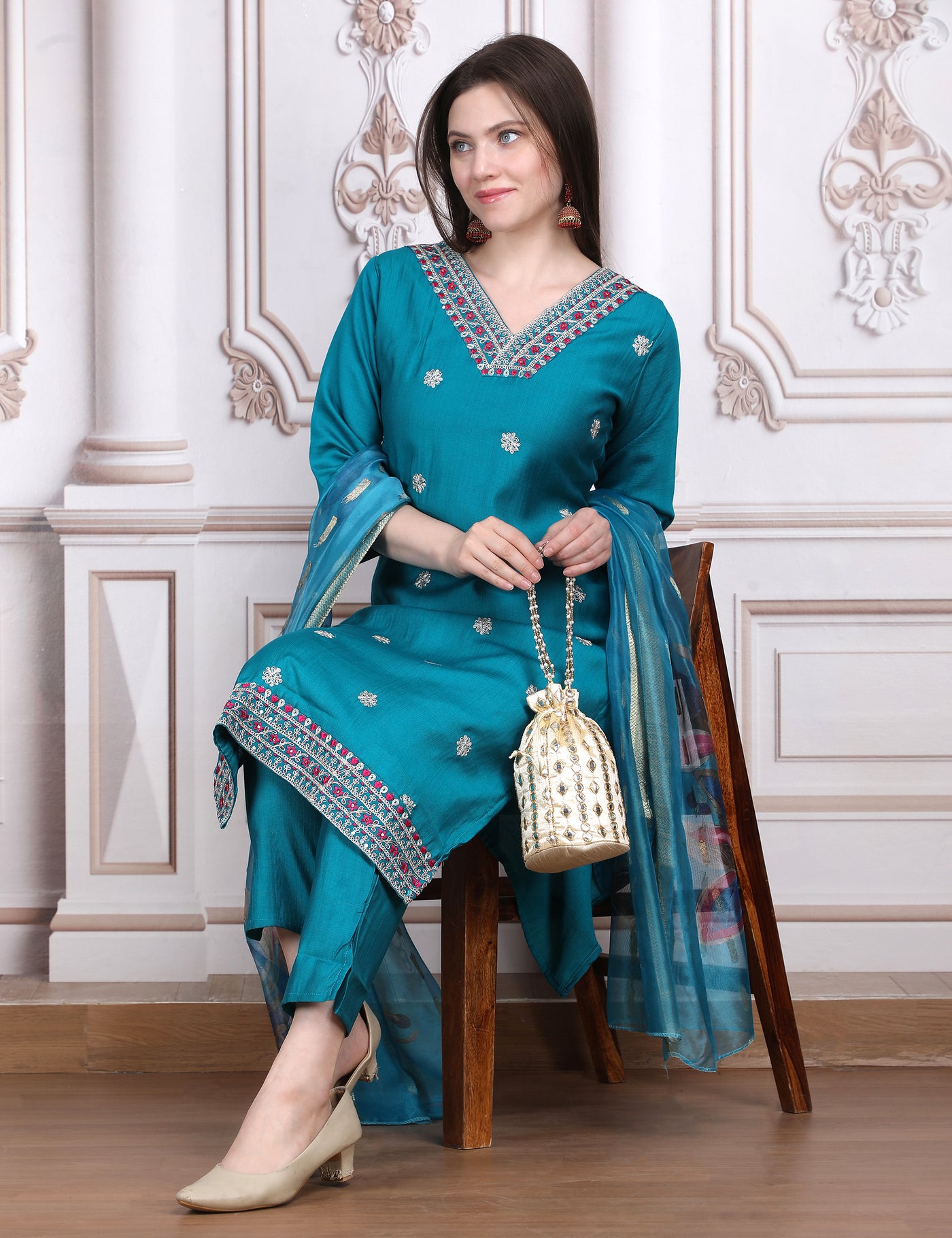 Pink Weaves Women's Blue Embroidered Kurta Pant With Dupatta Set