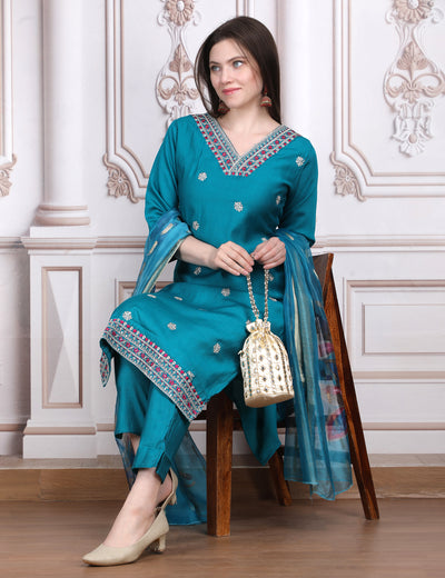 Pink Weaves Women's Blue Embroidered Kurta Pant With Dupatta Set