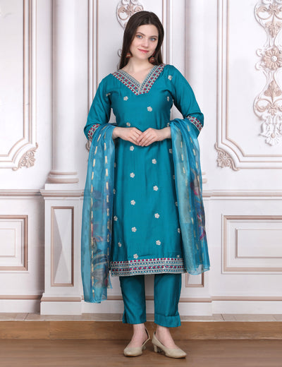 Pink Weaves Women's Blue Embroidered Kurta Pant With Dupatta Set