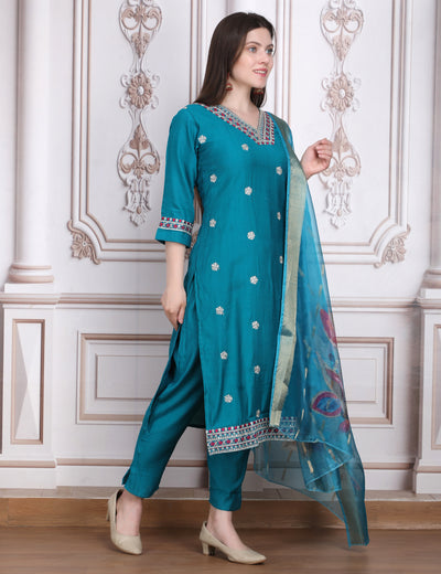 Pink Weaves Women's Blue Embroidered Kurta Pant With Dupatta Set