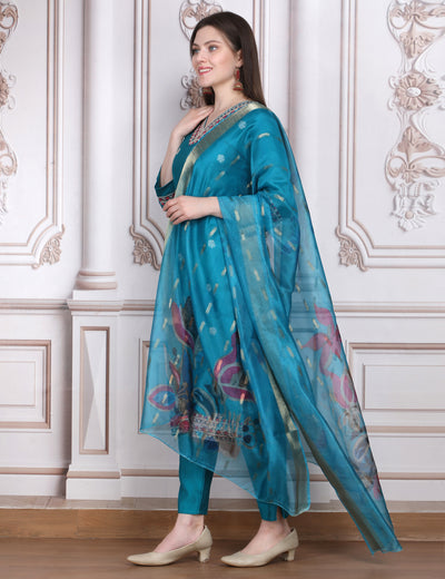 Pink Weaves Women's Blue Embroidered Kurta Pant With Dupatta Set