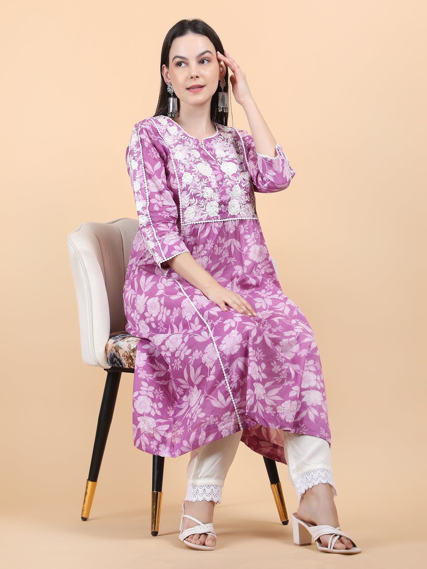 Women's Purple Floral Printed Cotton A - Line Chikankari Embroidered Kurta